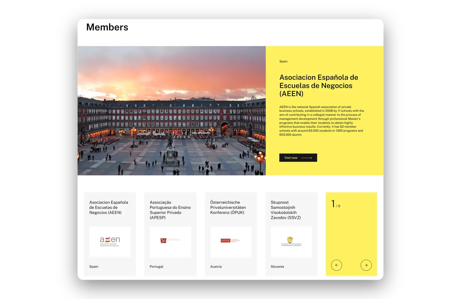Members section with a featured association and member cards with logos