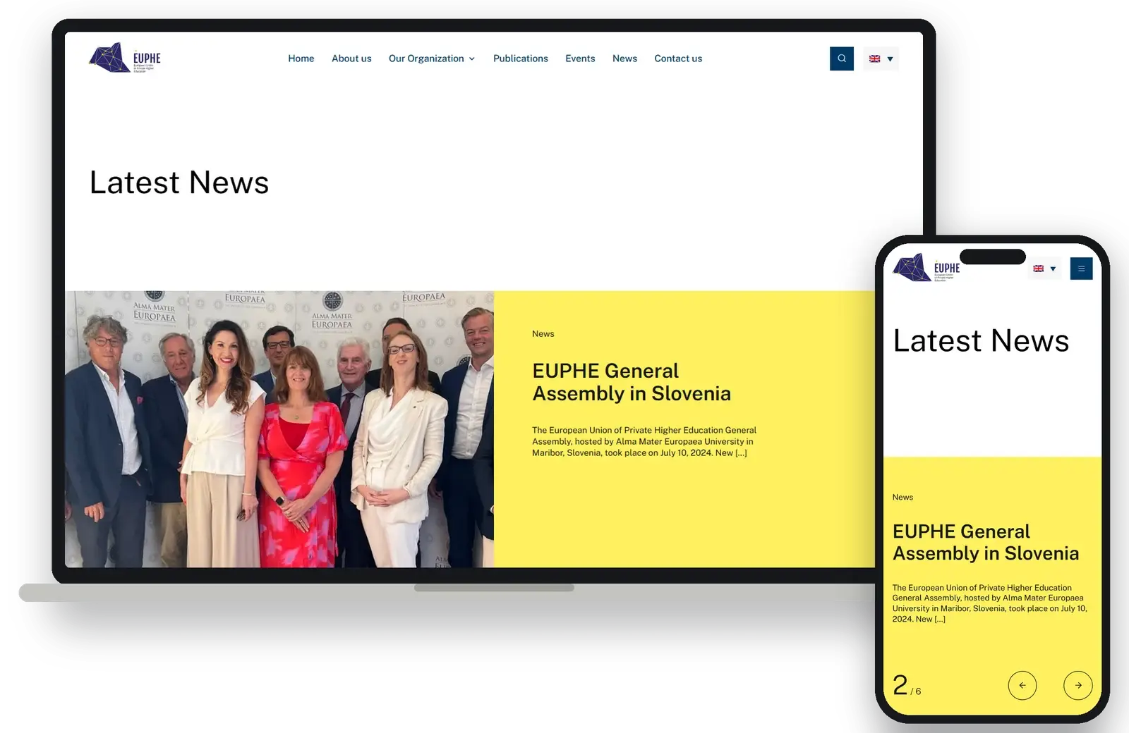 News page with a congress report, on desktop and mobile