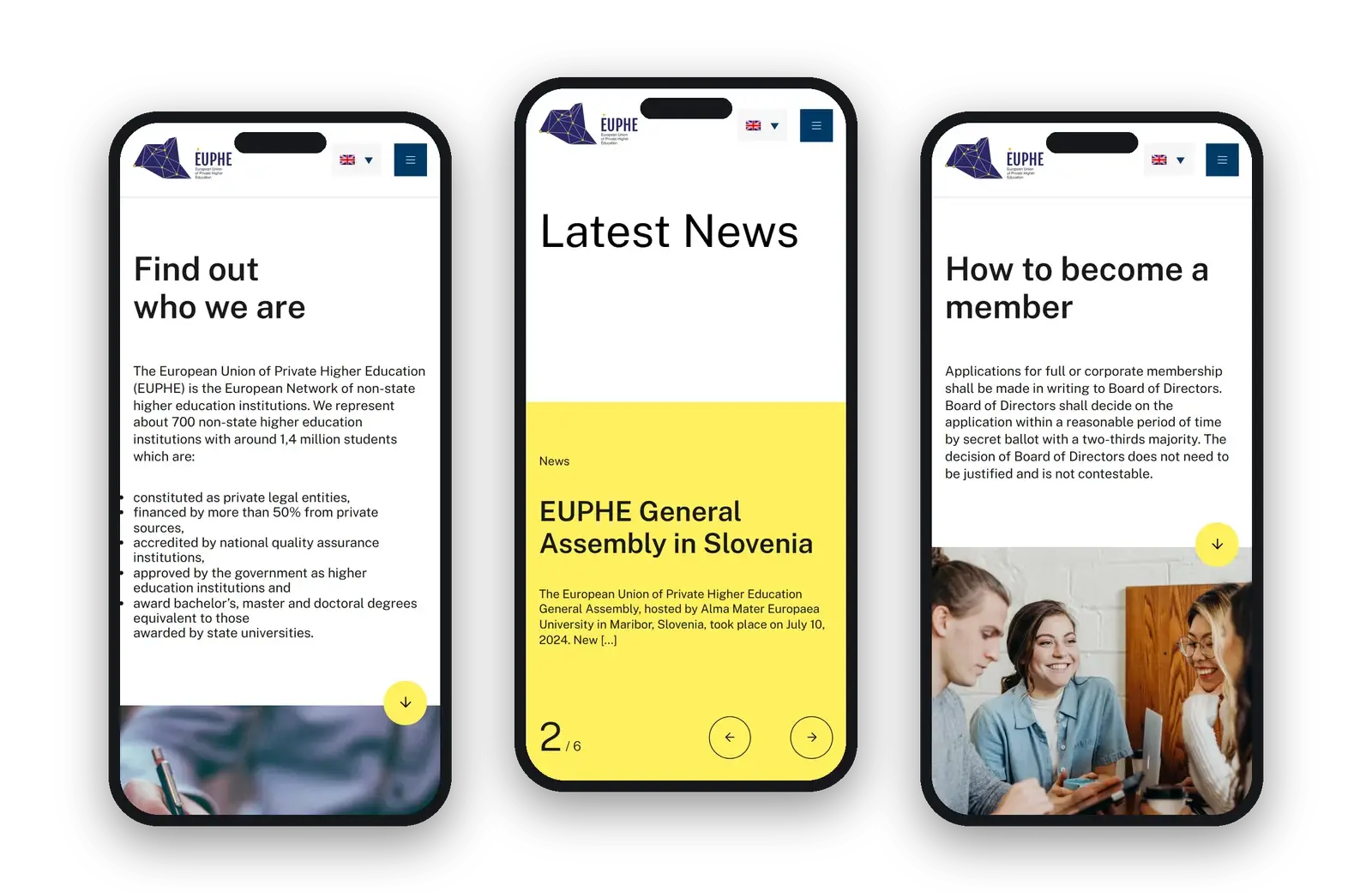 About, news and membership pages on three phones