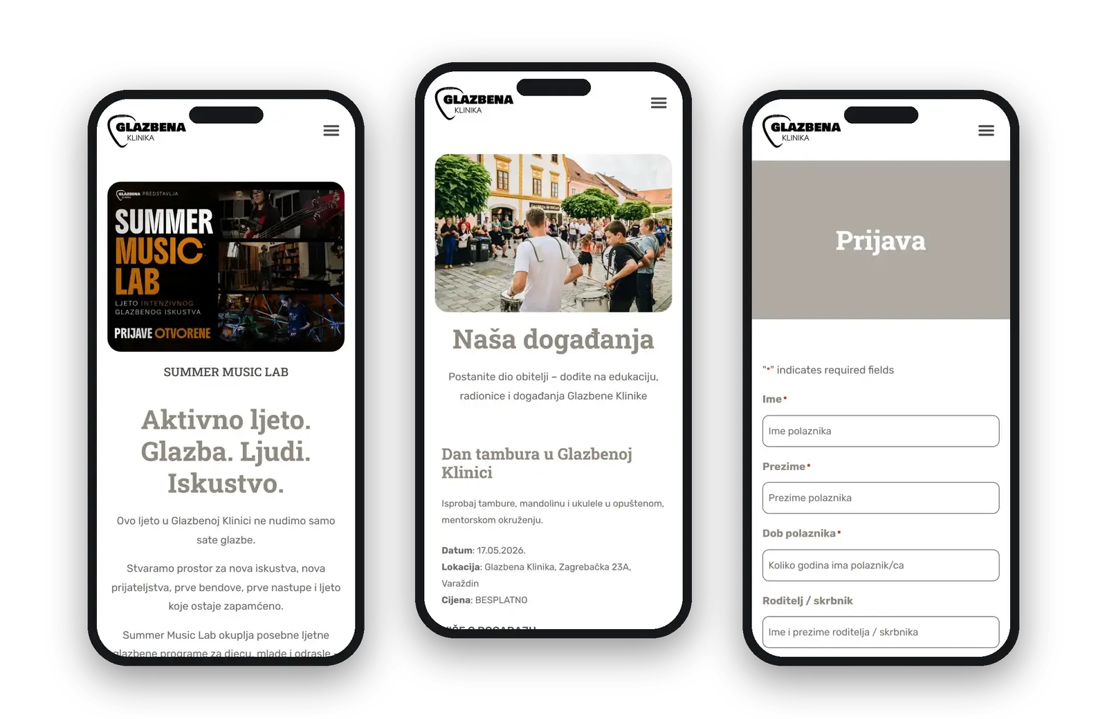 Summer Music Lab, events and the sign-up form on three phones