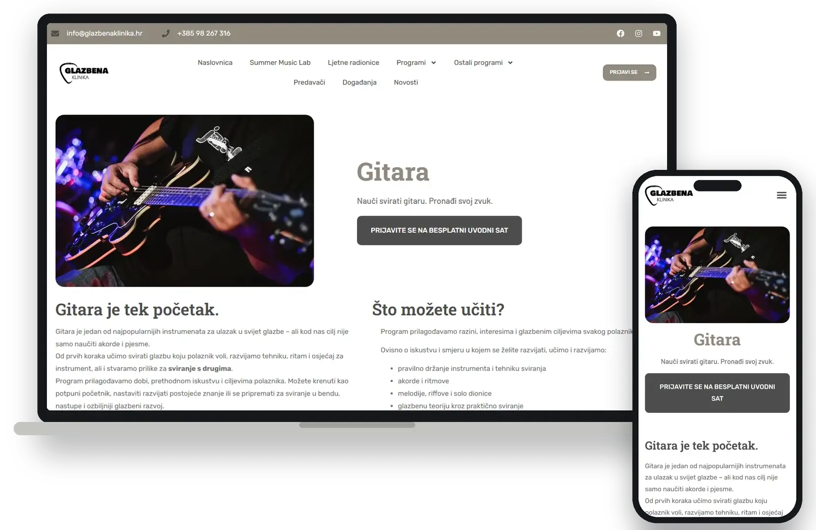 Guitar programme page with a free intro lesson button, on desktop and mobile