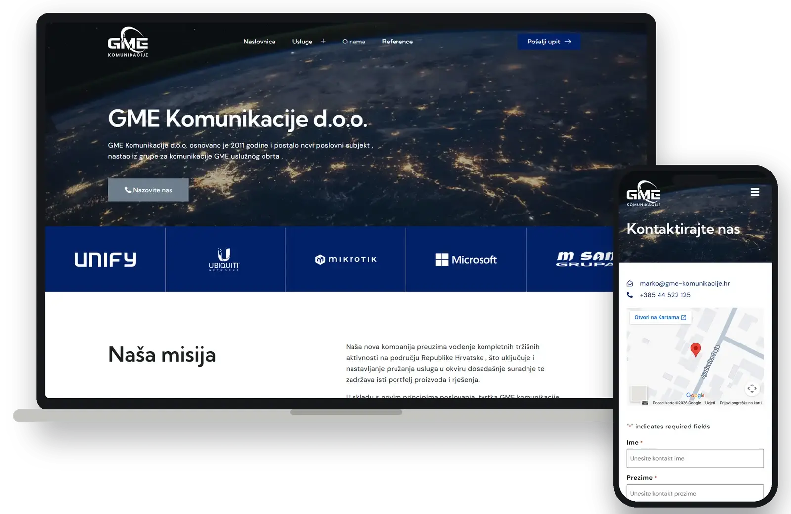 About page with partner brands, and the contact page on mobile
