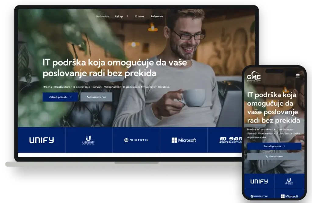 GME komunikacije website on a laptop and a phone