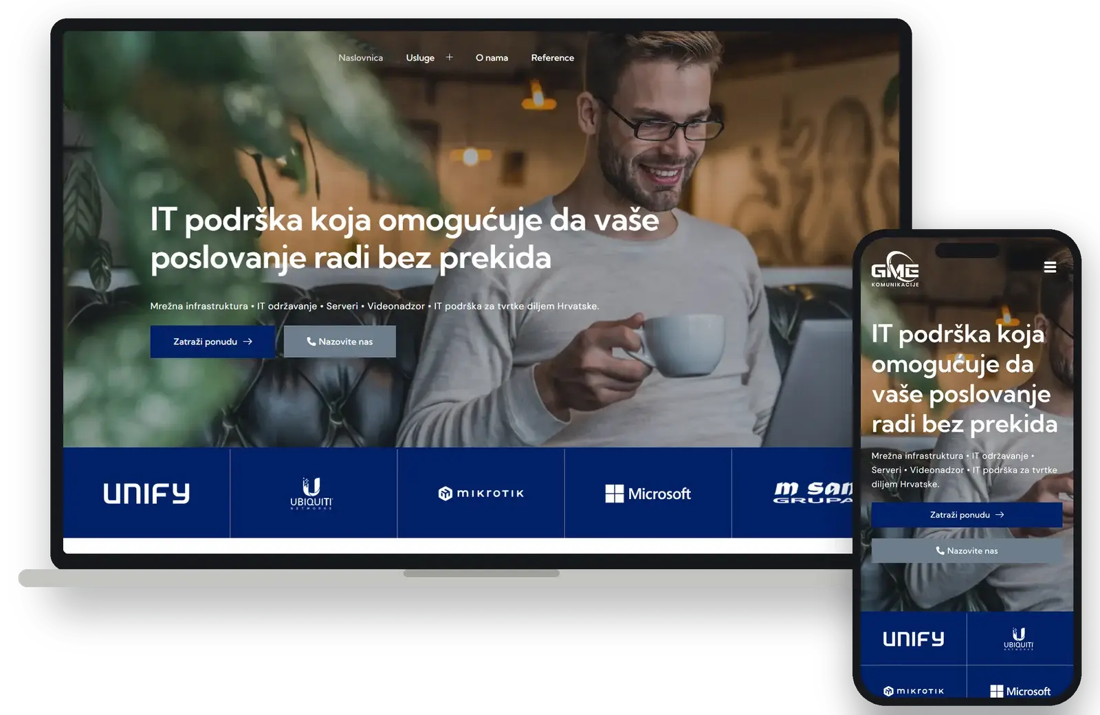 GME komunikacije website on a laptop and a phone