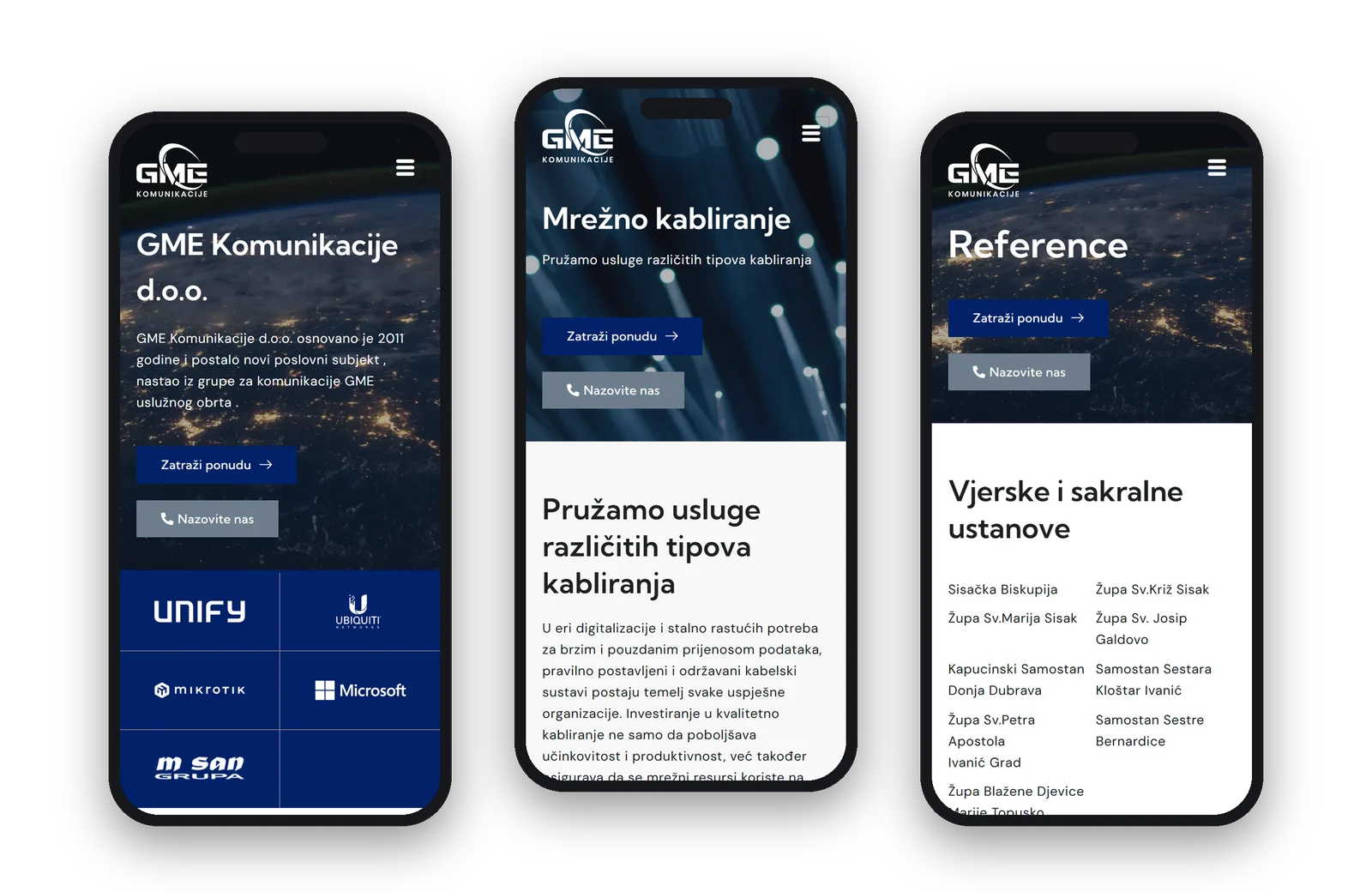 About, service and references pages on three phones
