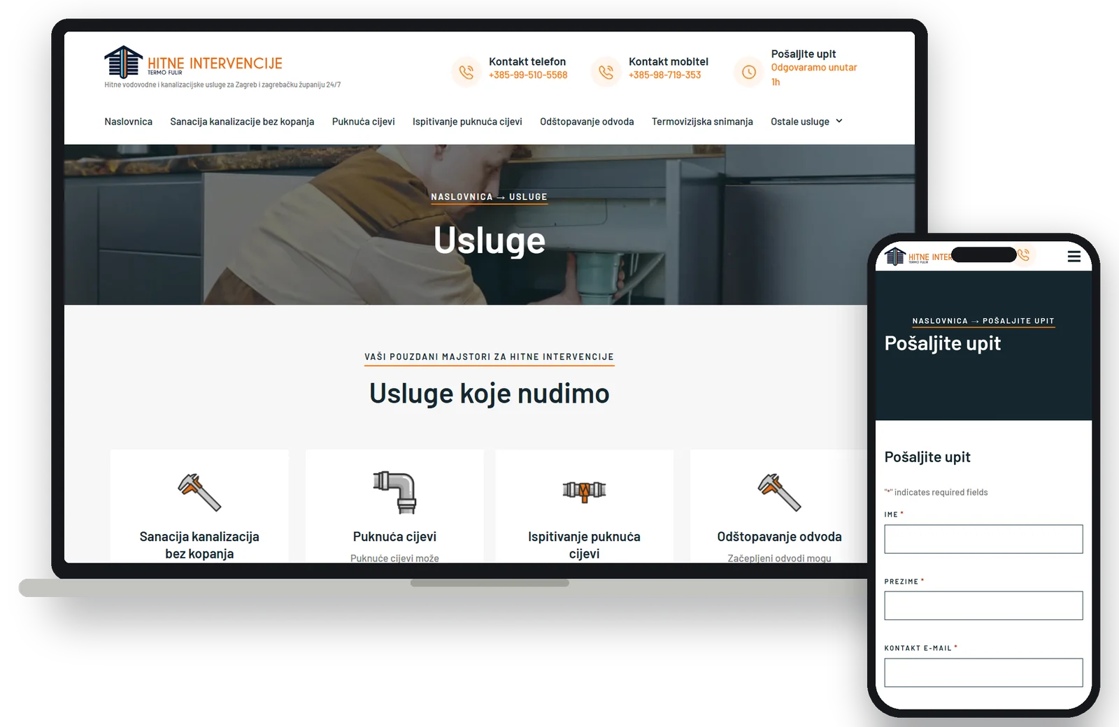 Services overview, and the enquiry form on mobile