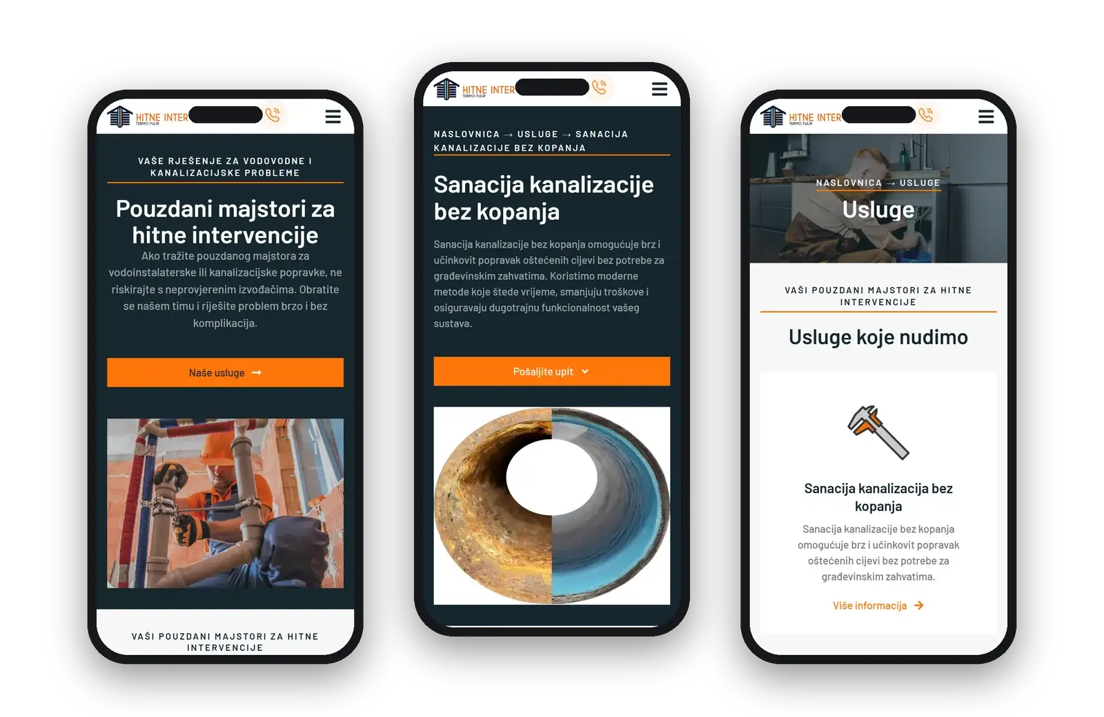 Homepage, service page and services overview on three phones