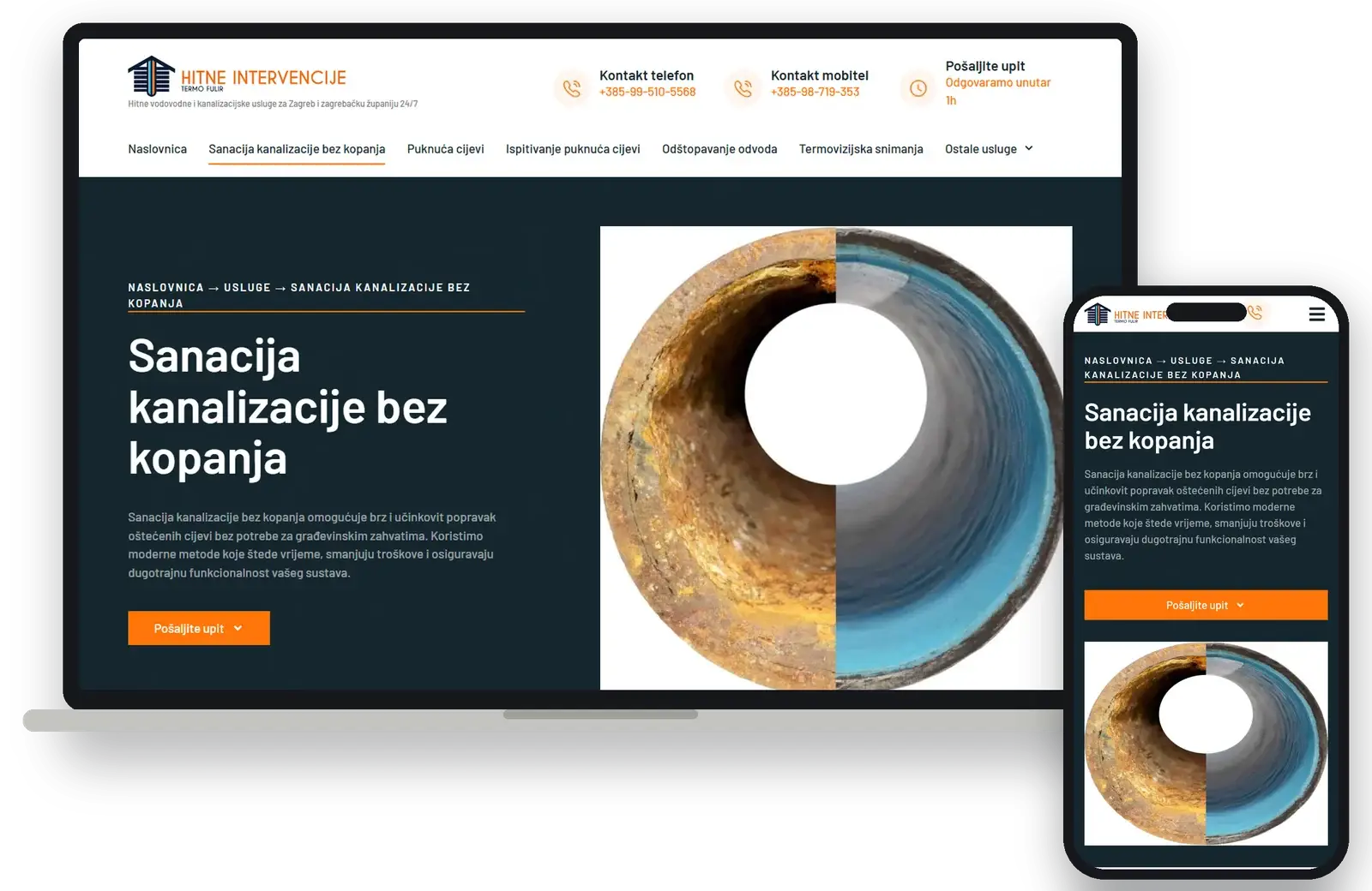 No-dig sewer repair service page on desktop and mobile