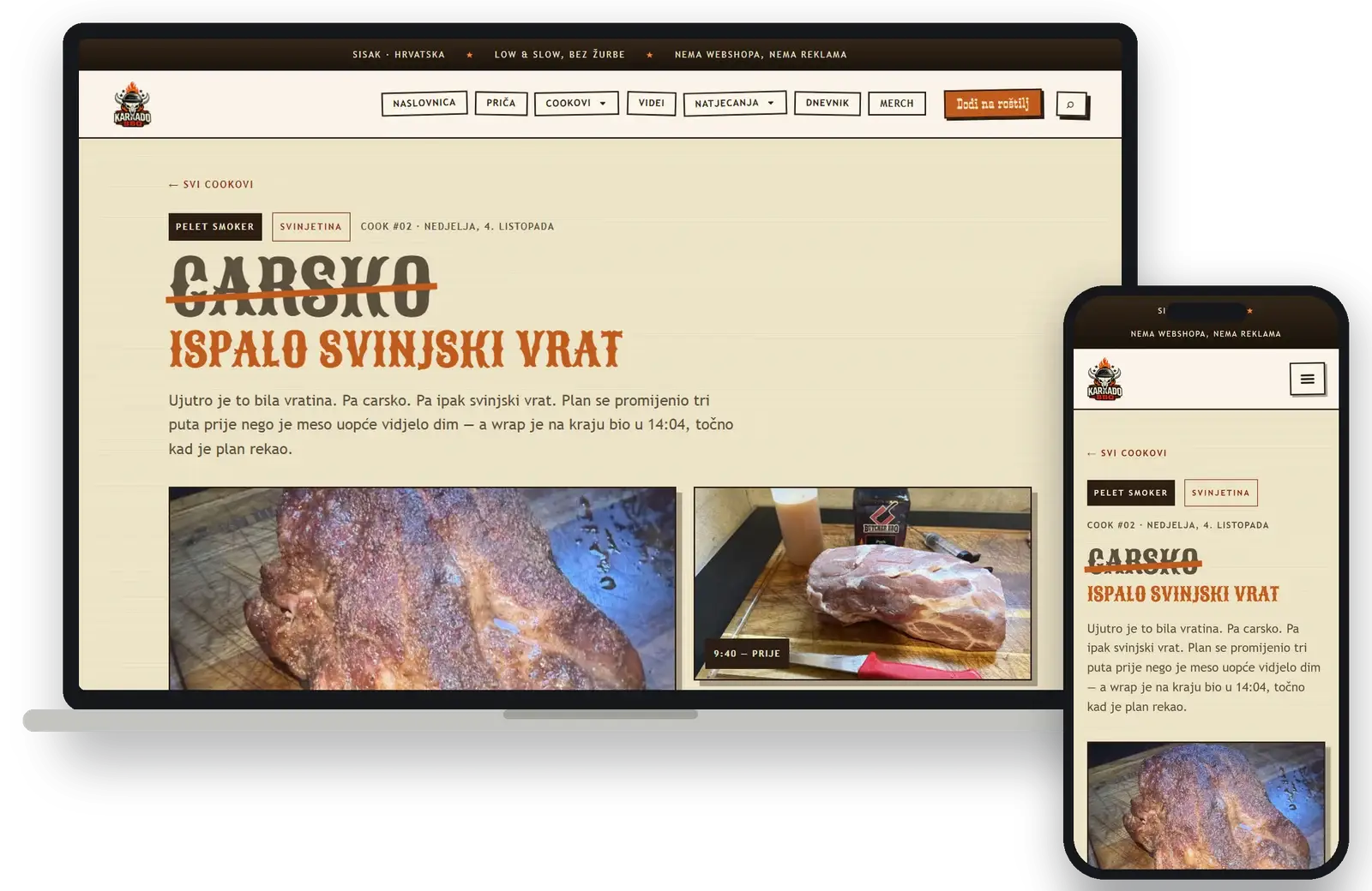 A cook log page with photos and smoker details, on desktop and mobile