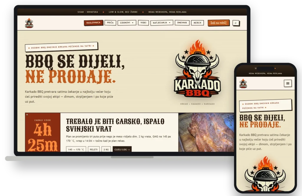 Karkado BBQ website with the latest cook on the homepage, on a laptop and a phone