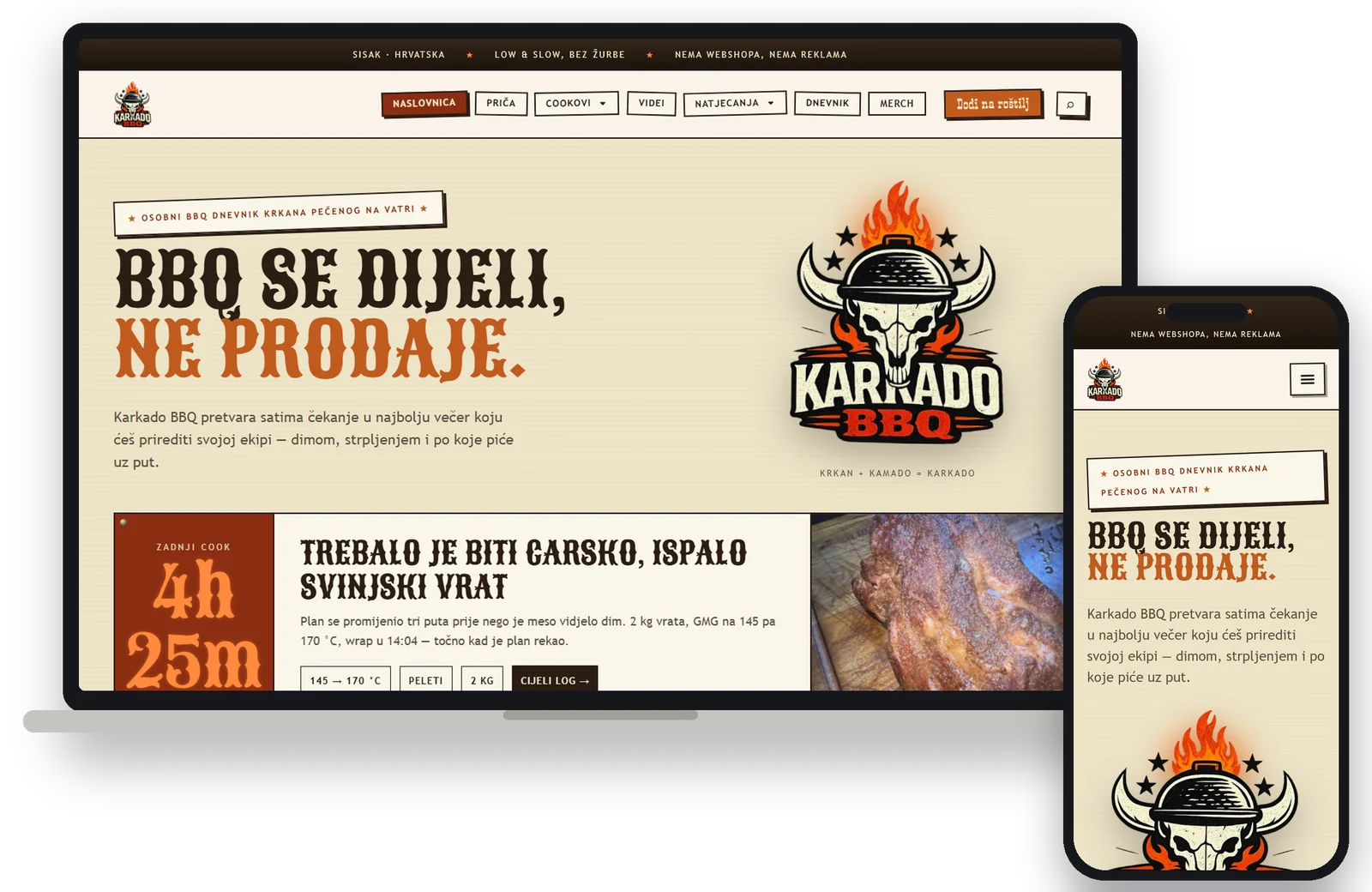 Karkado BBQ website with the latest cook on the homepage, on a laptop and a phone
