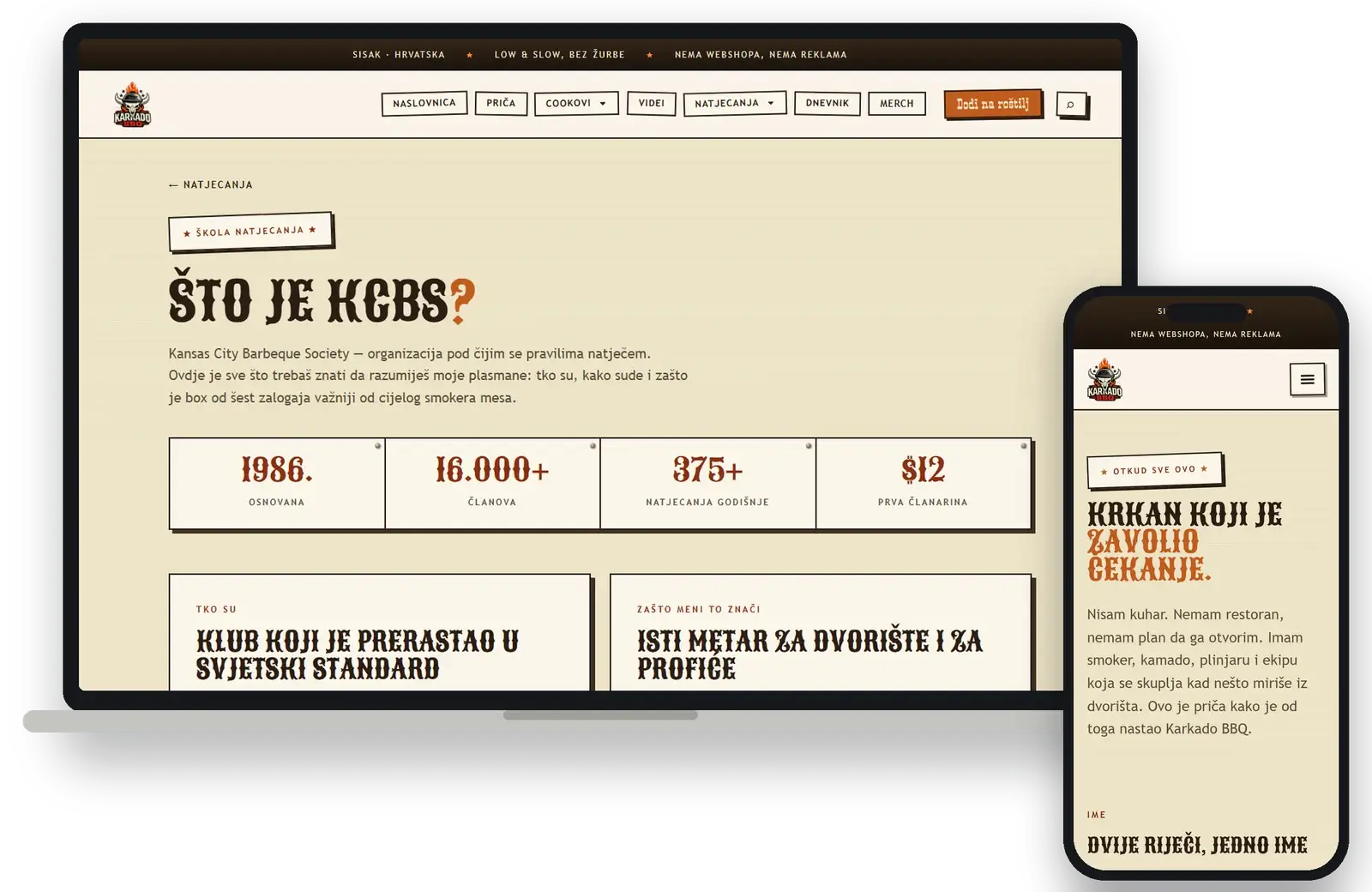 KCBS competition guide on desktop, and the story page on mobile