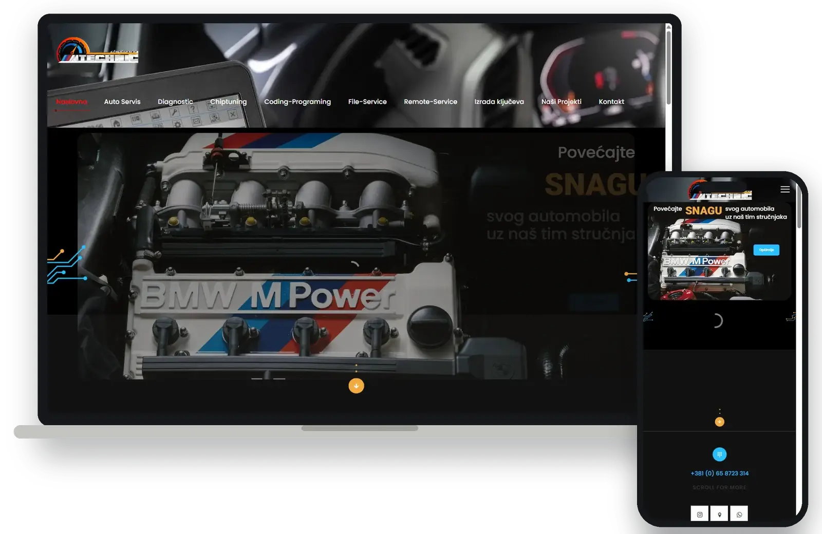 Old MTECHNIC homepage with the slider on a laptop and a phone