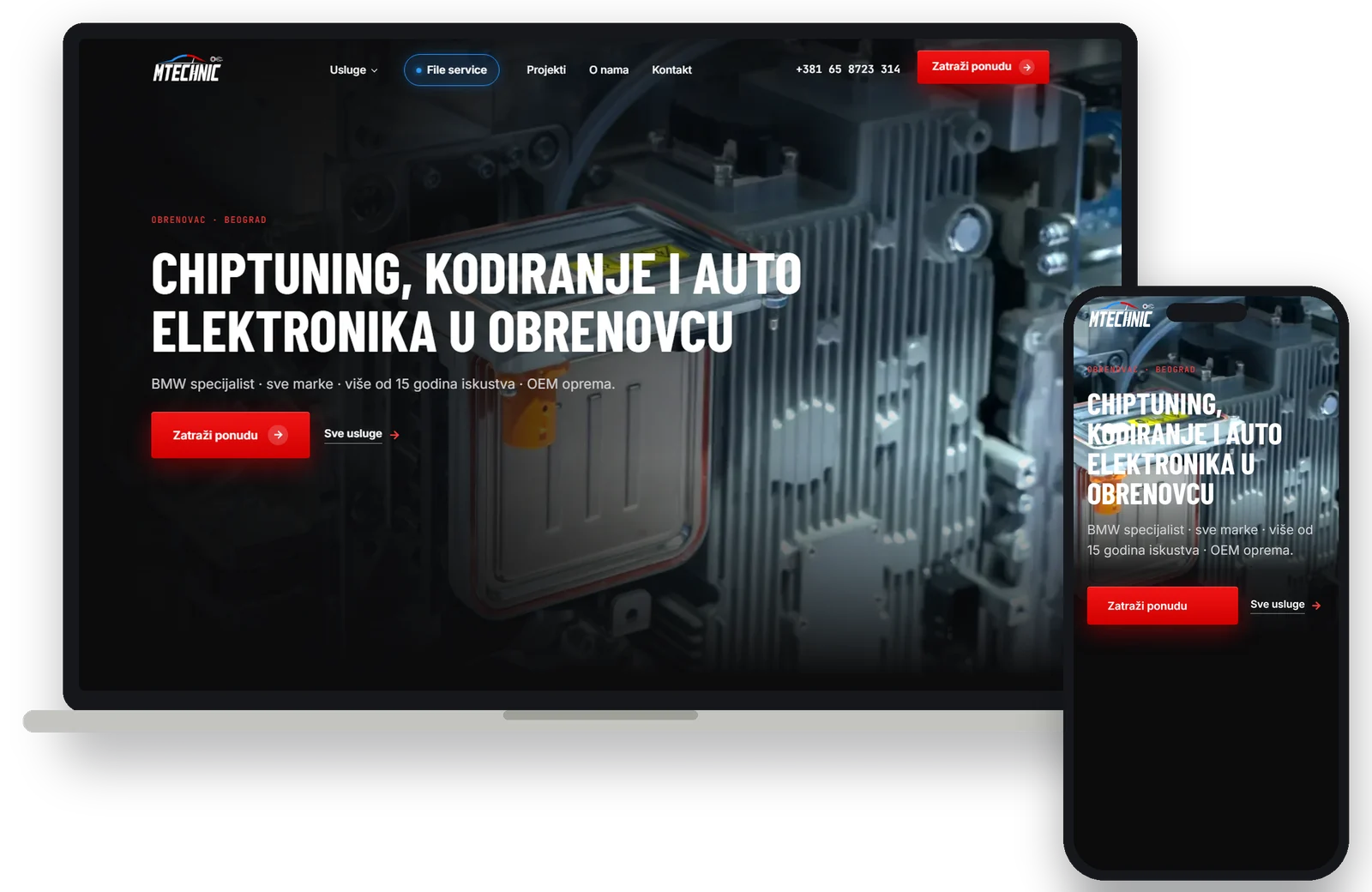 MTECHNIC website with the chiptuning and coding homepage on a laptop and a phone