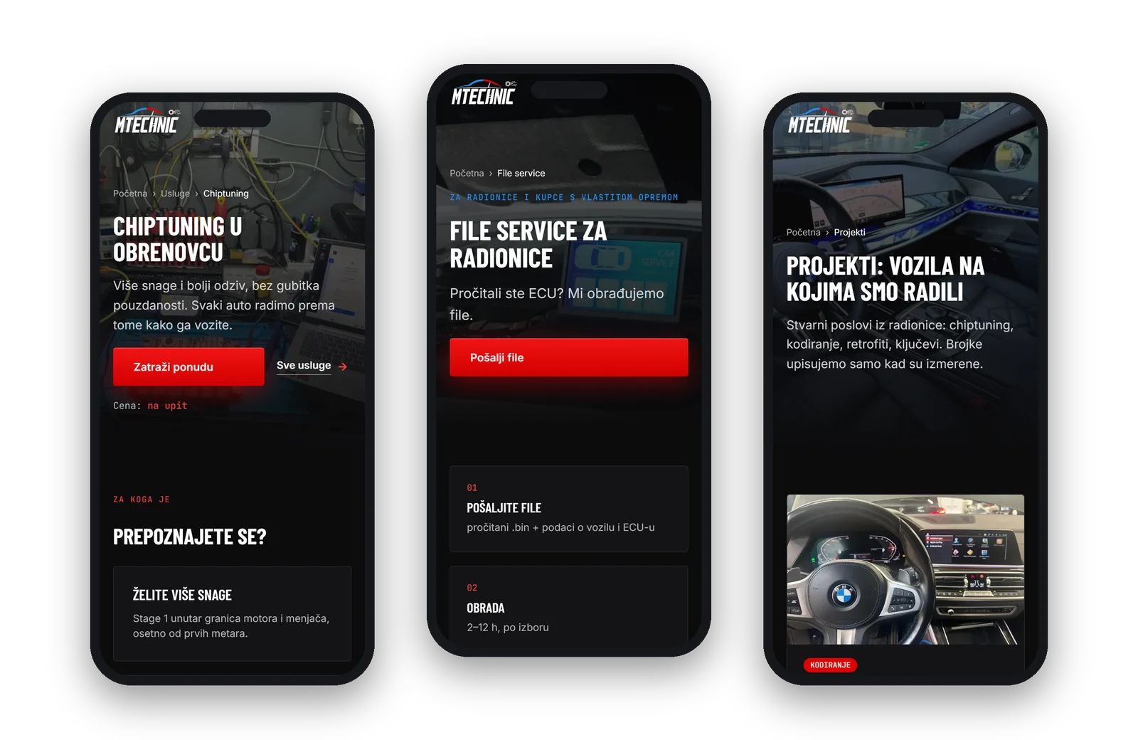 Chiptuning, File service and Projects pages on three phones