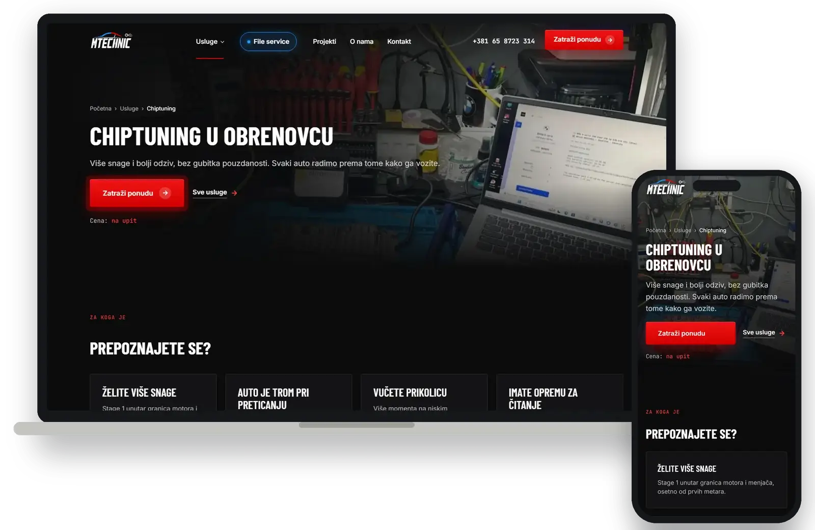 Chiptuning service page on desktop and mobile