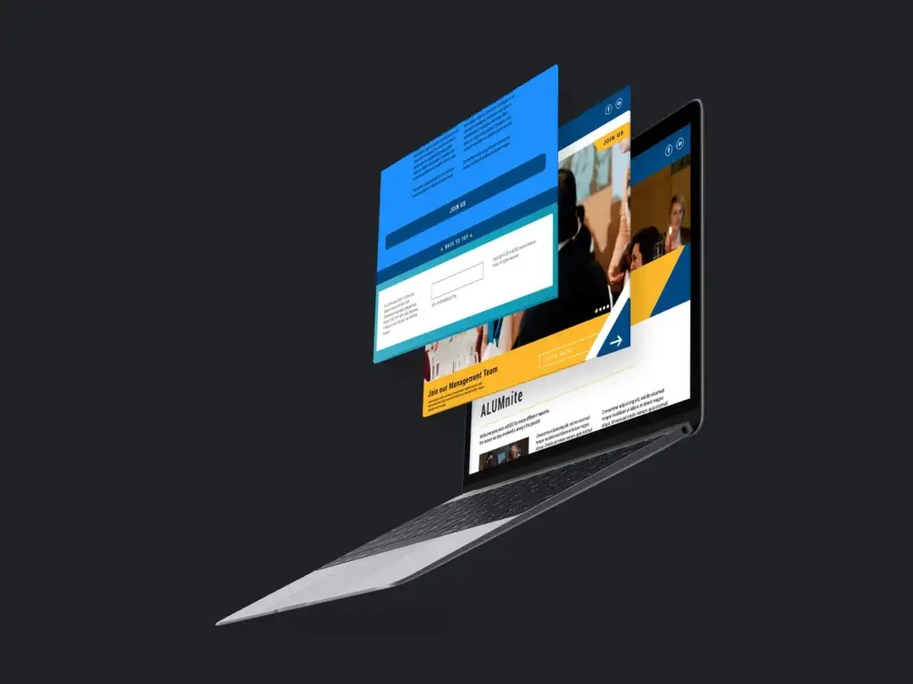 Website pages floating above a laptop