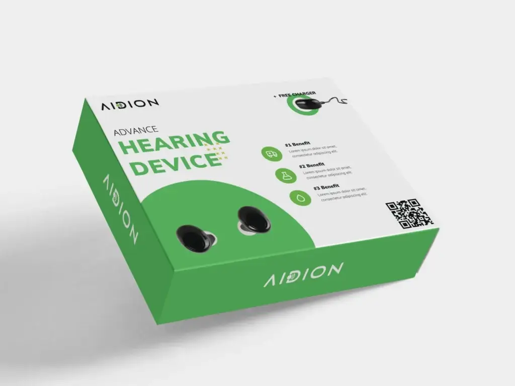 Aidion hearing device box in green and white, with the earbuds on the lid