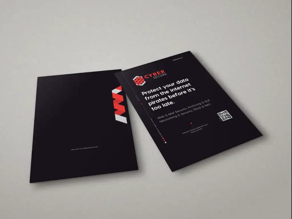 Cyber Secure presentation folder and flyer in black with red accents