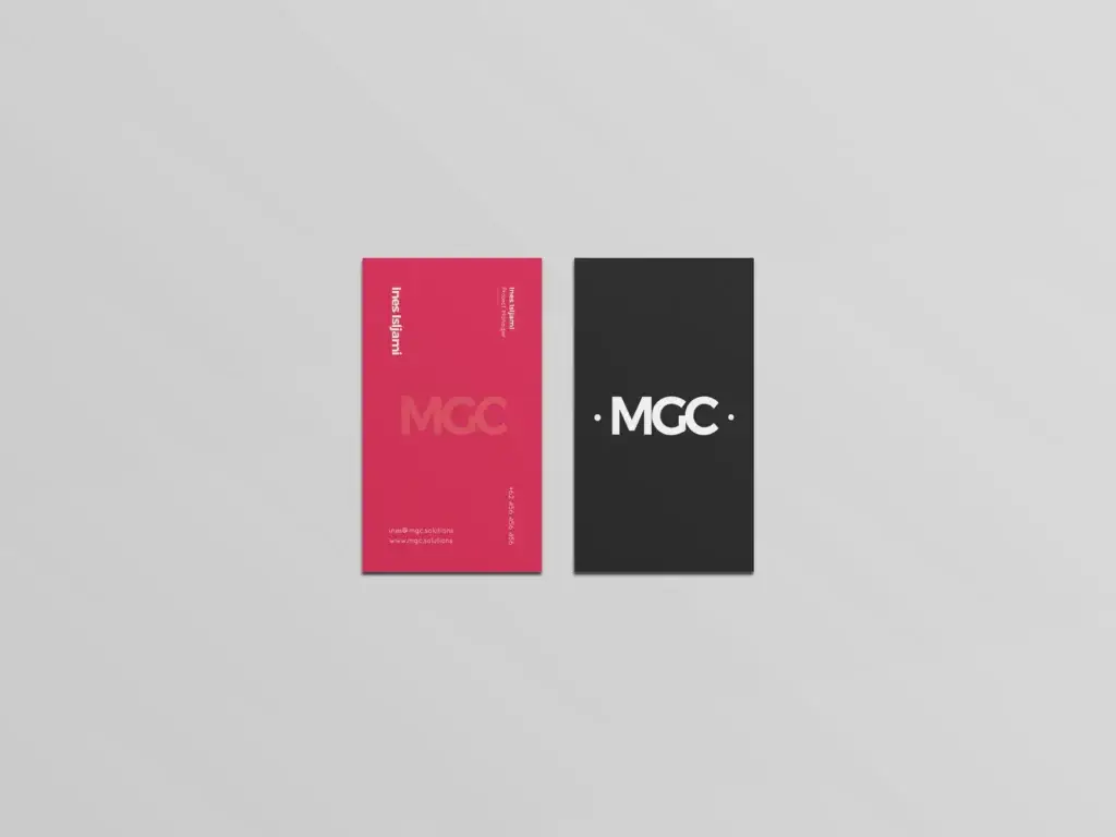 MGC business cards in pink and black