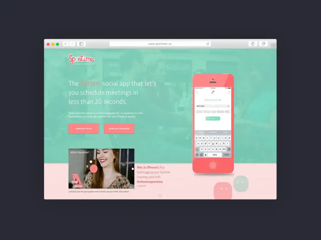 Spontime app landing page in a browser window