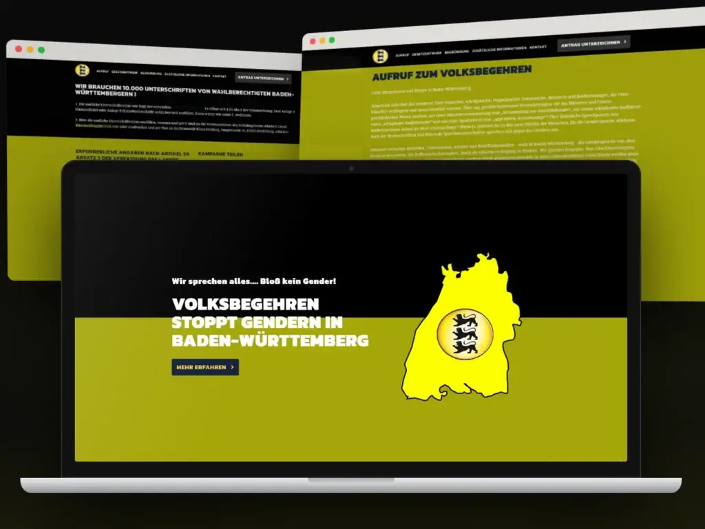 Stoppt Gendern in Baden-Württemberg campaign website on a laptop, with the call and petition pages behind it