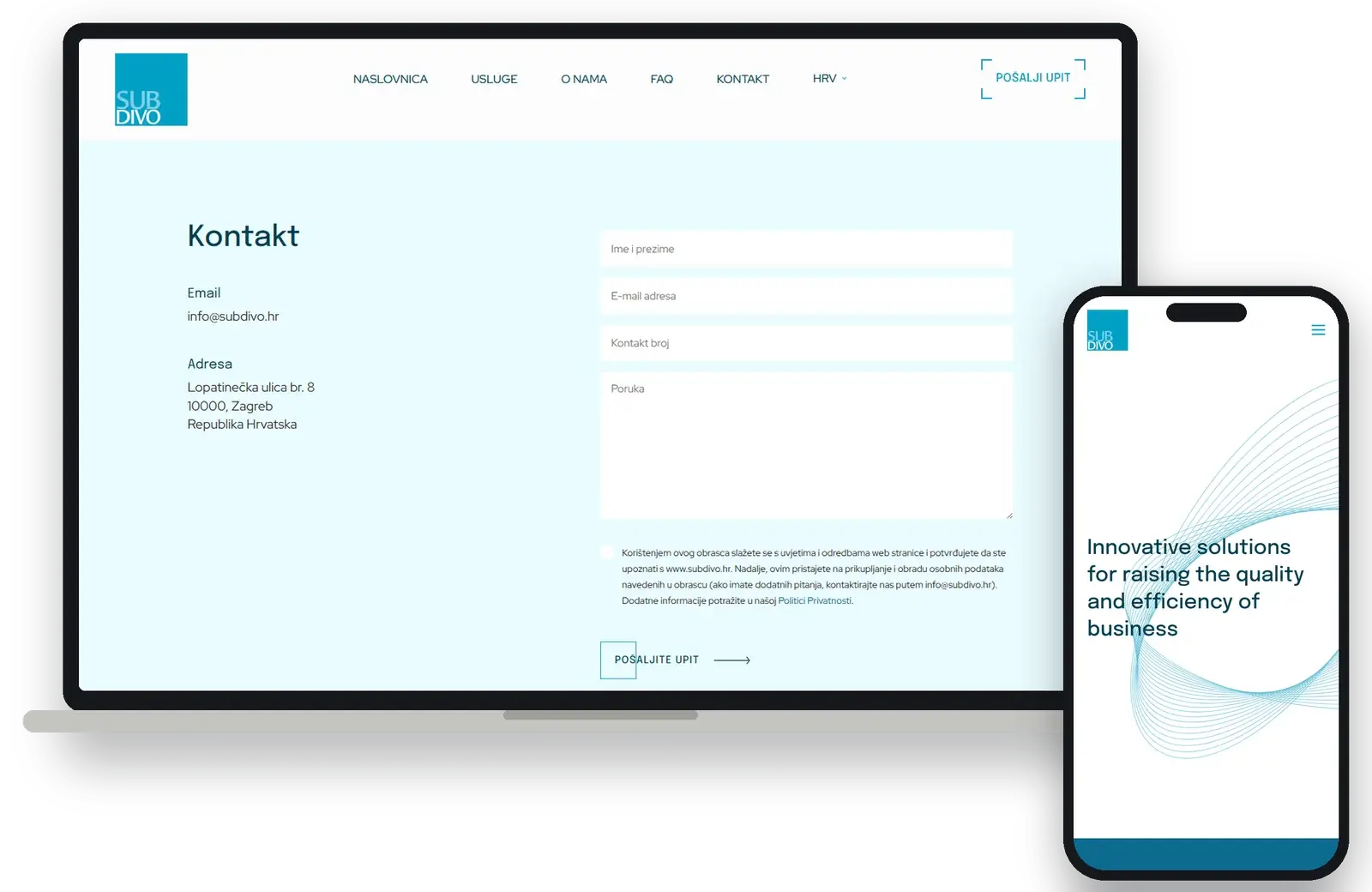 Contact page with an enquiry form on desktop, and the English homepage on mobile