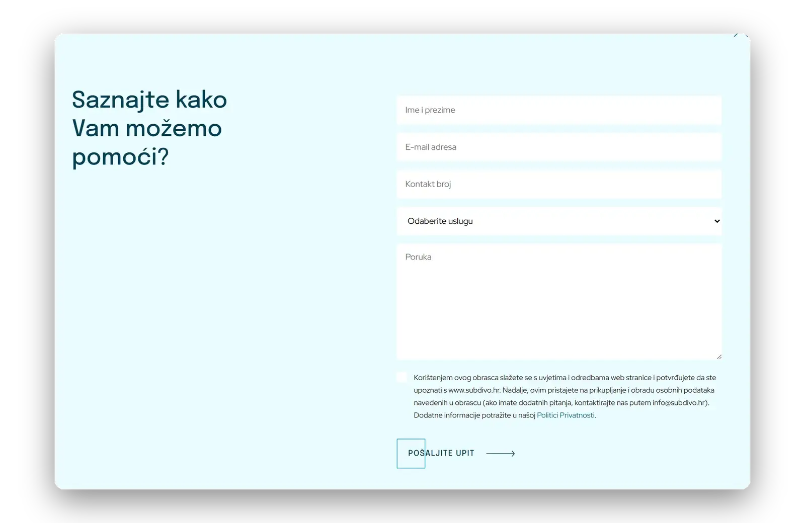 Enquiry form with a service picker, opened from the header