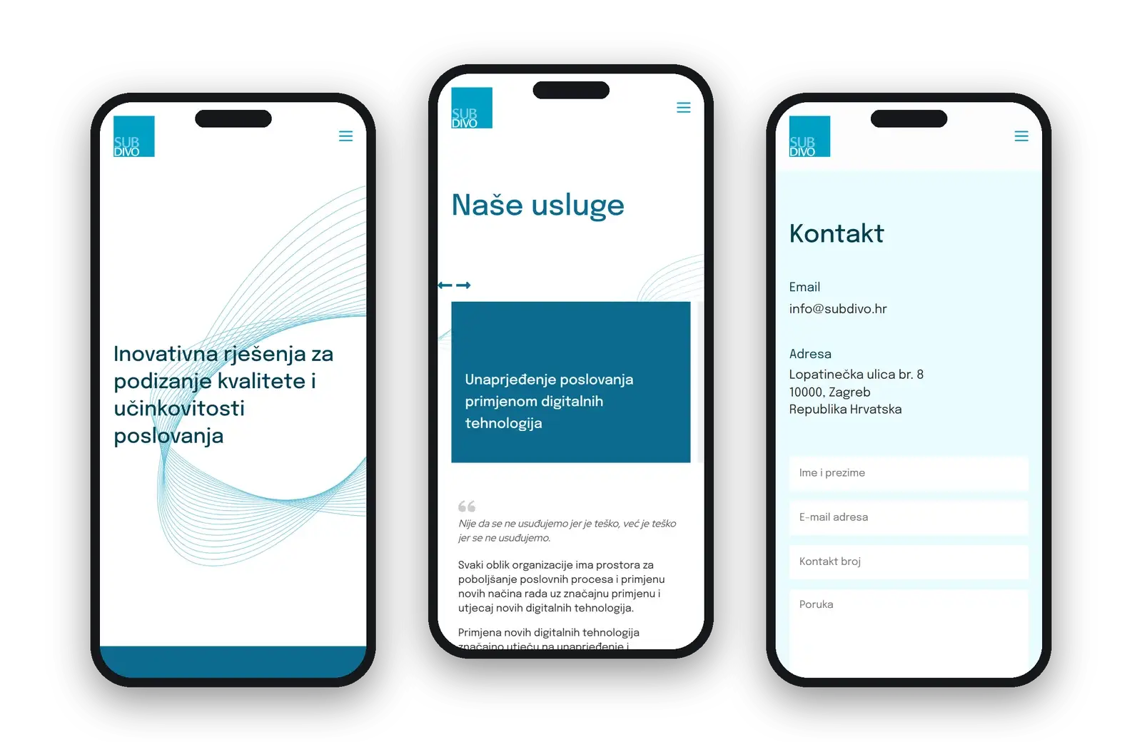Homepage, services and contact pages on three phones
