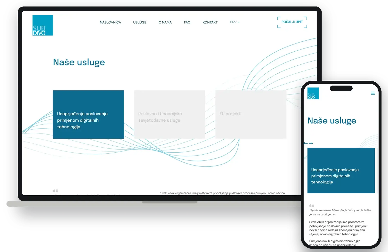 Services page with three service tabs, on desktop and mobile