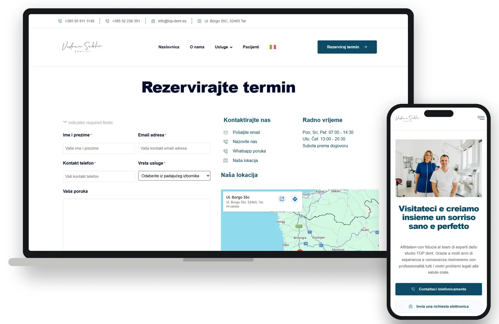 Appointment booking page on desktop, and the Italian homepage on mobile
