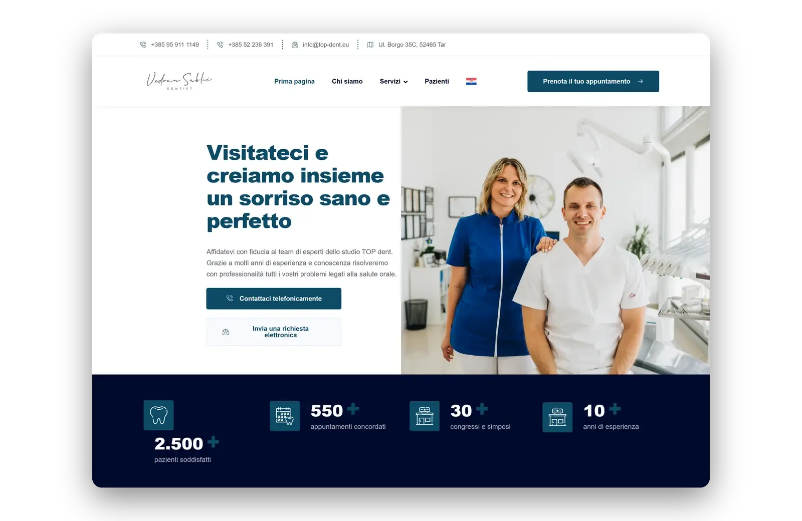 Italian homepage with the team photo and practice figures