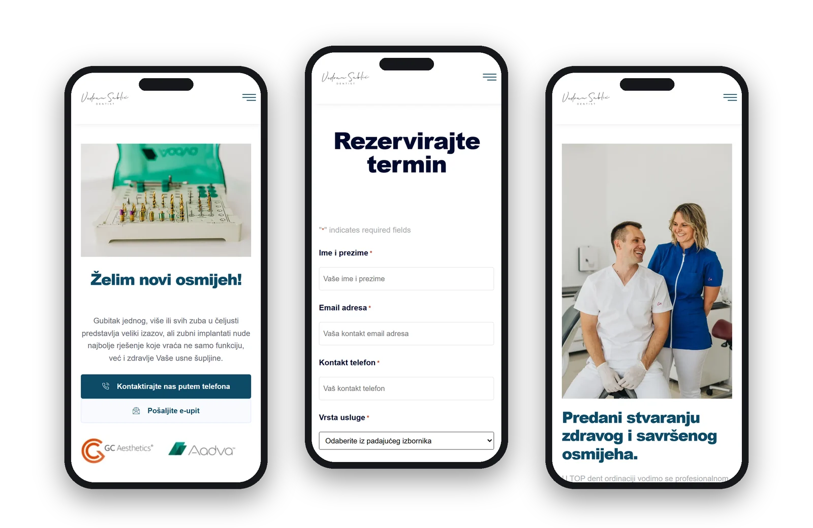 Treatment, booking and about pages on three phones