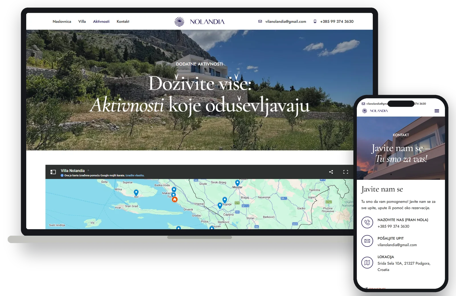 Activities page with a map, and the contact page on mobile