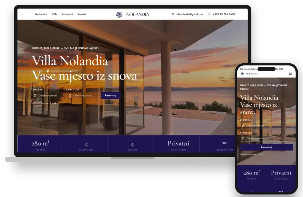 Villa Nolandia website with the booking dates in the hero, on a laptop and a phone