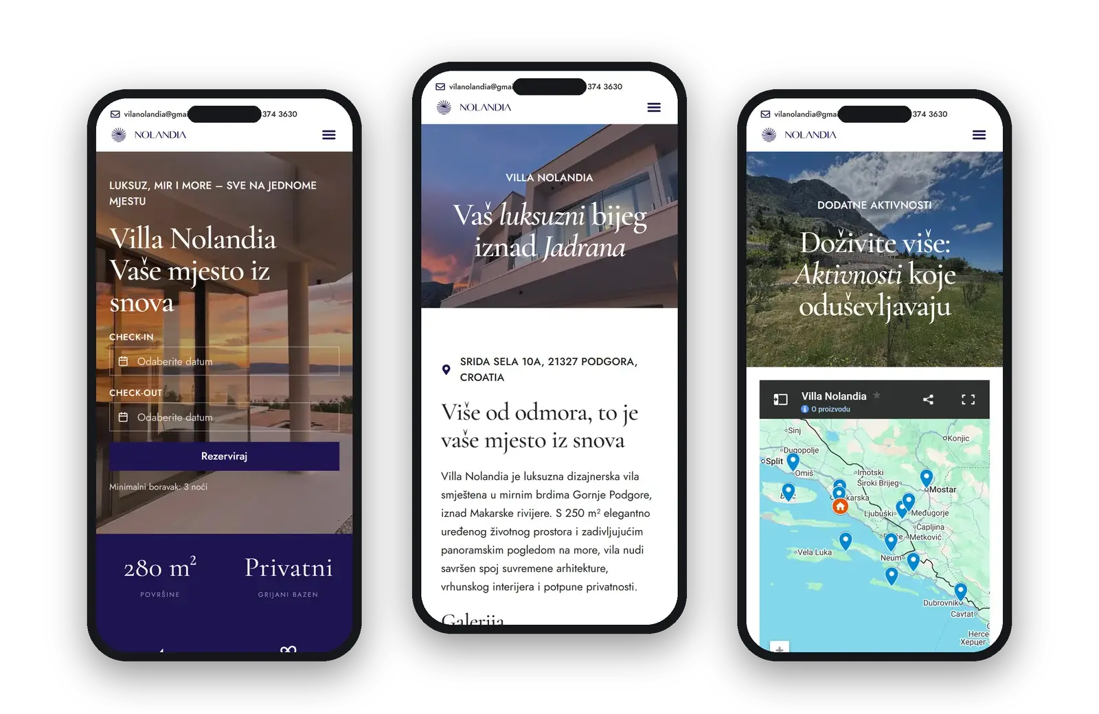 Homepage, villa page and activities page on three phones