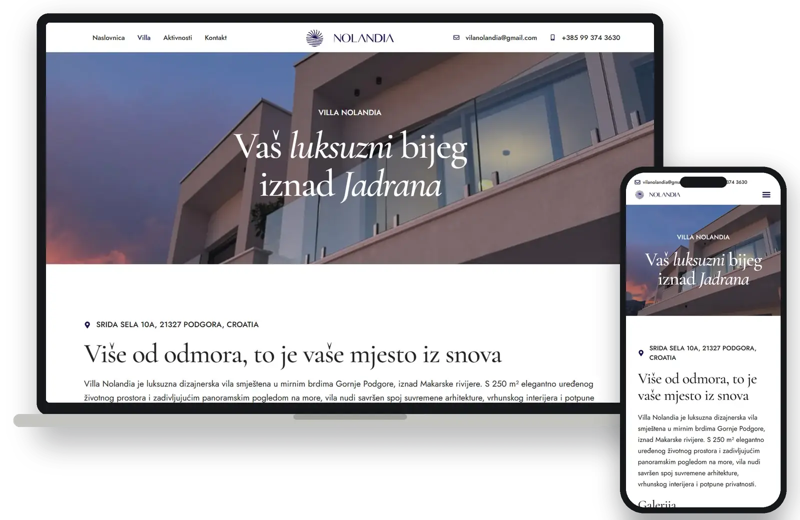 Villa page with large photography, on desktop and mobile
